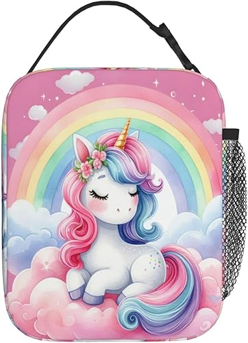 Miniatura 3 de Lonchera infantil con diseño de unicornio y arcoíris rosa para niñas y niños, con aislamiento, portátil, reutilizable, lonchera enfriadora, caja