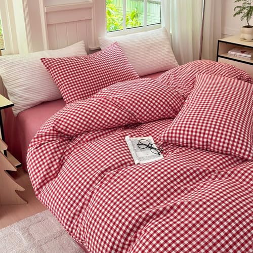 Image of LifeTB Queen Comforter Set Red Gingham Comforter Modern Style Plaid Boho Comforter Set 3 Pieces Fluffy Grid Checkered Comforter with 2 Pillowcases Farmhouse Gingham Bedding Set Queen Size