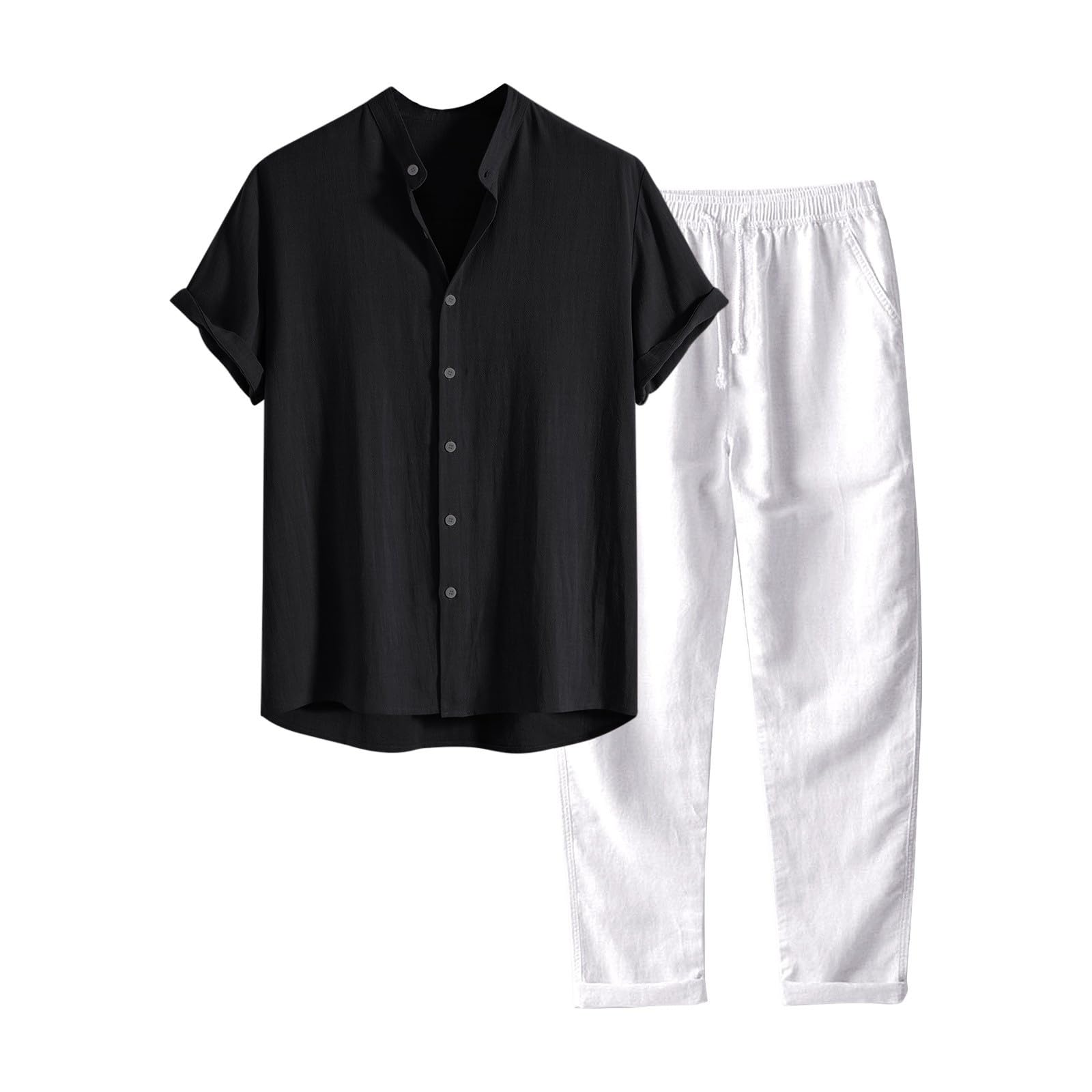 Completo Estivo da Uomo 2 Pezzi Casual per Spiaggia Tuta Completa in Cotone e Lino Maglietta + Pantaloni con Coulisse Set Uomini