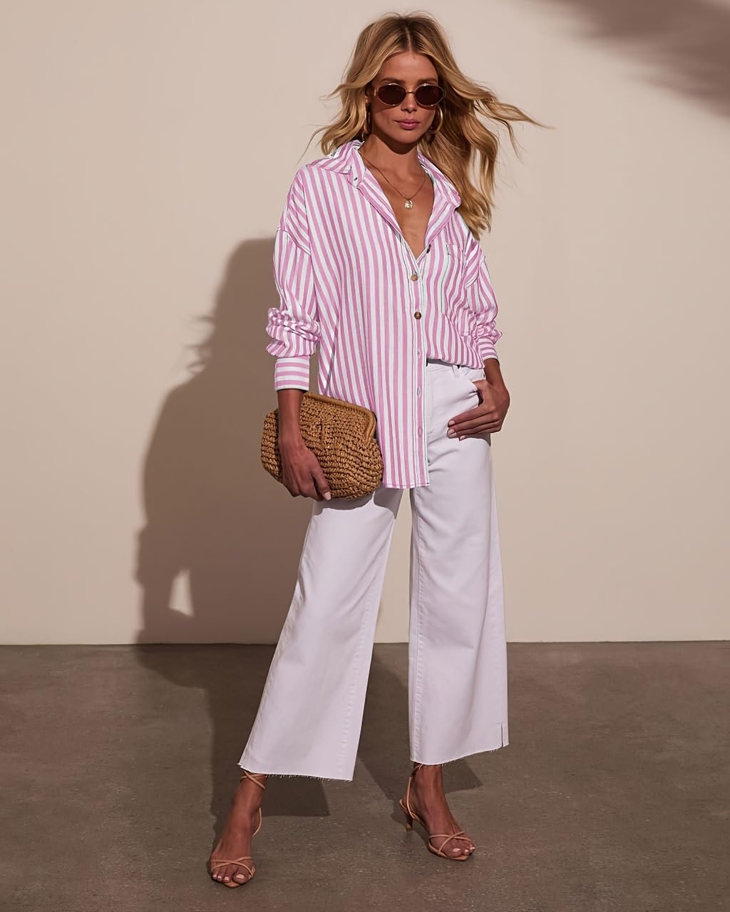 Dressmine Camicia oversize da donna in cotone, a righe, a maniche lunghe, con colletto e bottoni, camicia casual con tasca