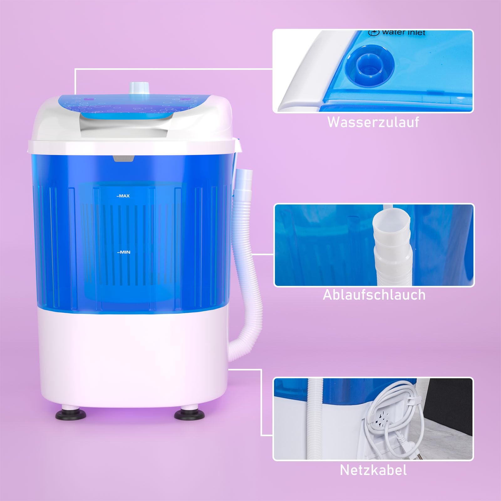 GOPLUS Mini Waschmaschine 2 KG, Camping Waschmaschine, 10 Minuten Schnellwäsche, Reisewaschmaschine Toplader, ideal für Wohnwagen, Wohnmobile und Camping