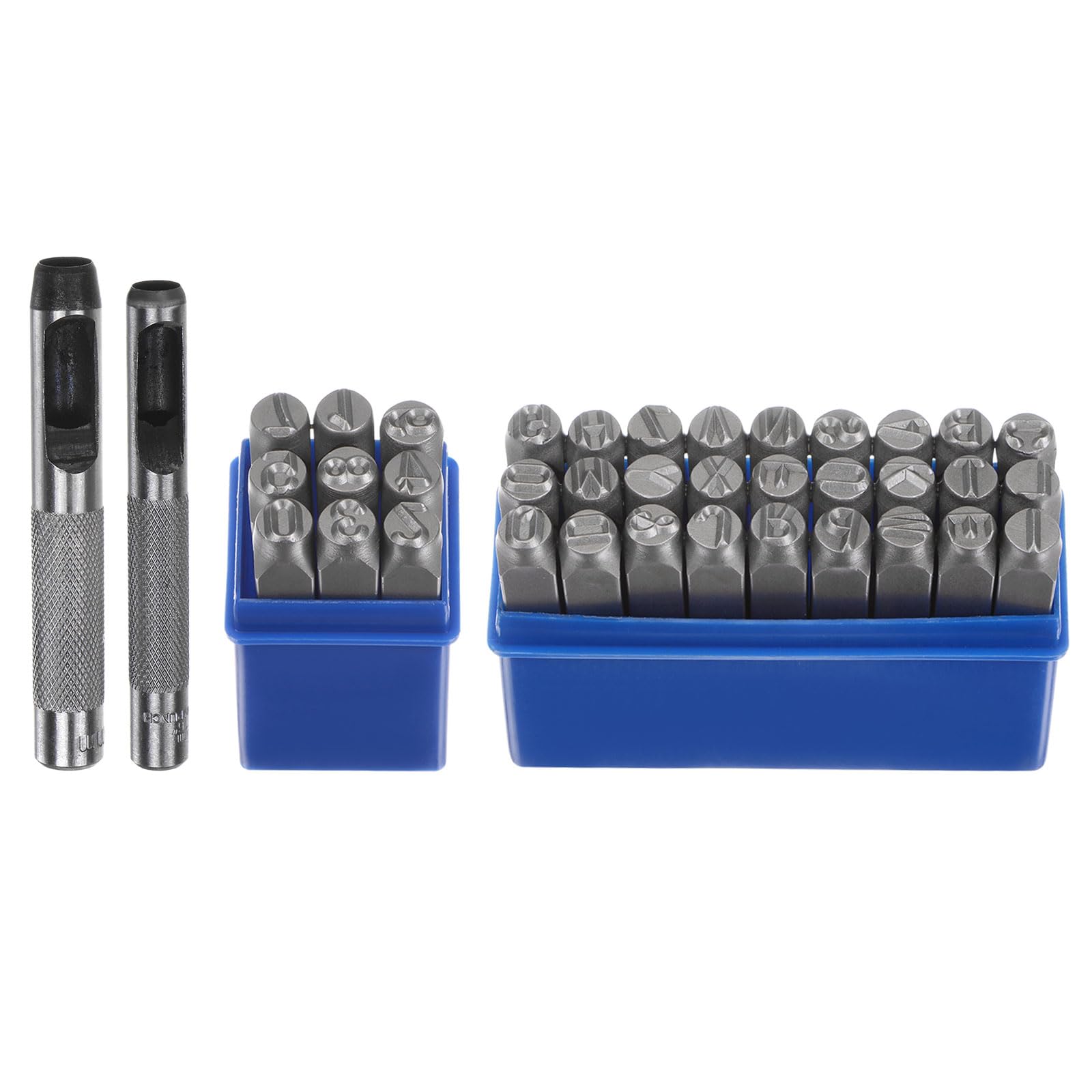 QUARKZMAN 36pz Metallo Stampaggio Kit 5/16" (8mm) (AZ, 0-8,"&" Simbolo) Acciaio Lettera Pugno Premere Utensile con Foro Pugno per Stampa su Metallo, Plastica, Legno, Pelle, Argento