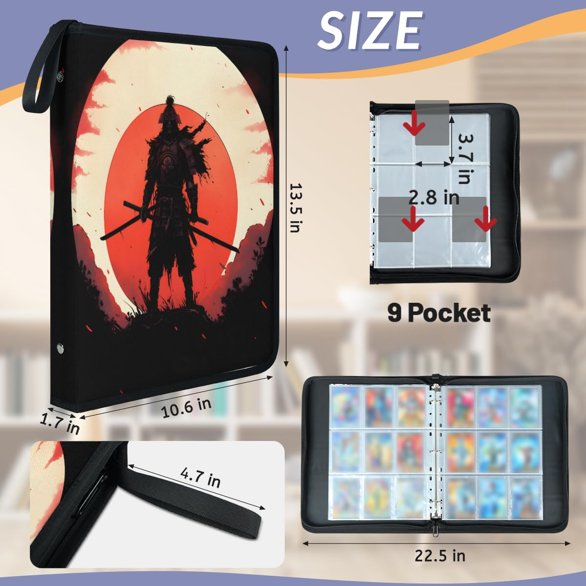 Adornori Japanese Samurai 9-Pocket Trading Card Binder Holds 900 Cards Card Storage Organizer with Sleeves Japan Themed Card Holder Carry Case for MTG, TCG, Sports Cards : Toys & Games