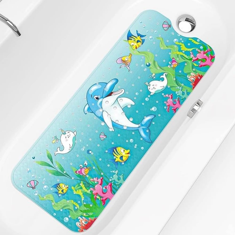 Bath Mat for Tub for Kids, 40 X 16 Whale Patterned Baby Bath Mat Non Slip Extra Long Bathtub Mat for Kids, Anti Slip Shower Mat with Suction Cups & Drain Holes, Machine Washable (DOLPHIN)