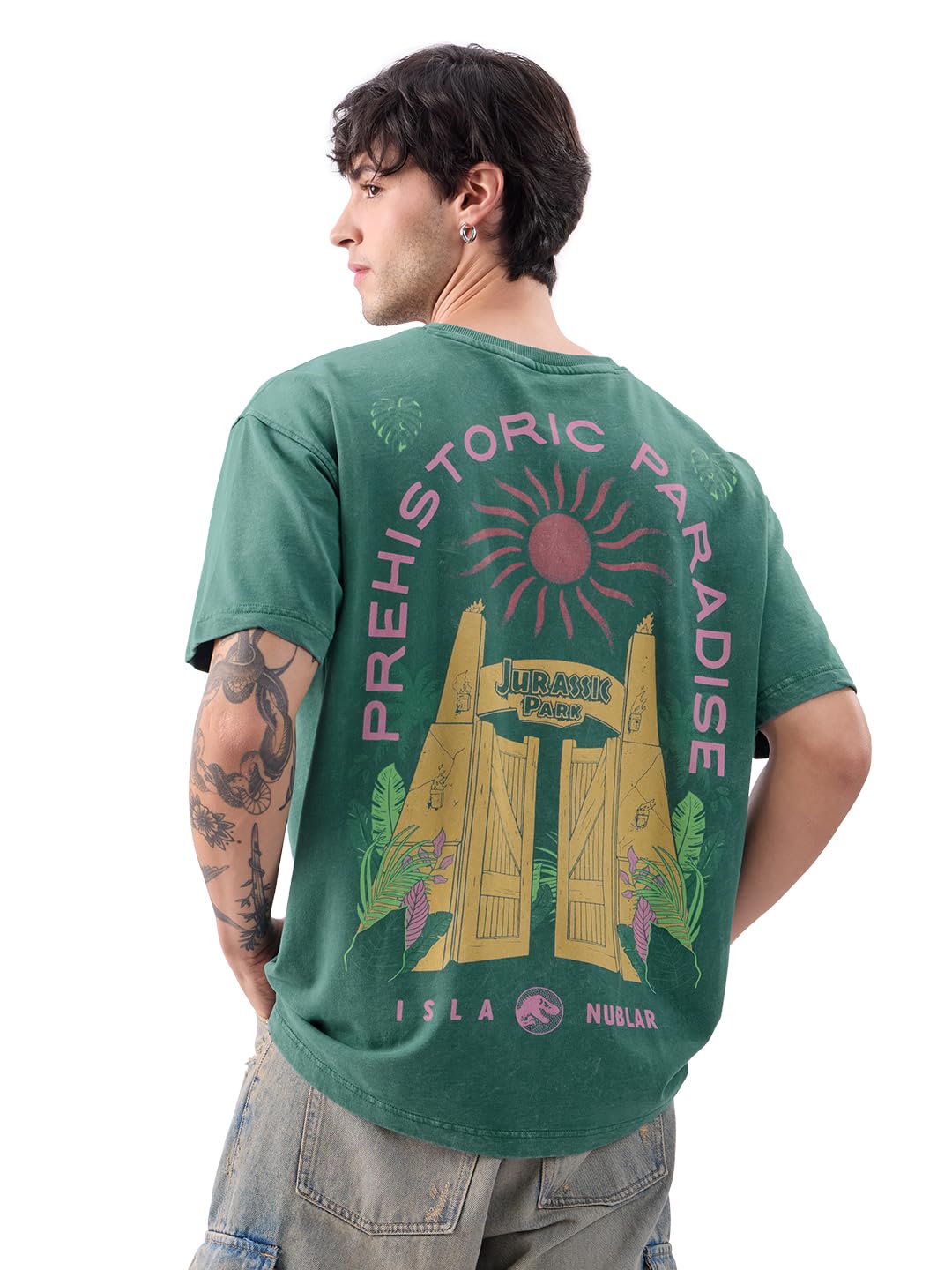 Official Jurassic Park: Prehistoric Paradise Vintage Wash Men and Boys Short Sleeves Round Neck Green Graphic Printed Cotton Oversized T-Shirts-image-15