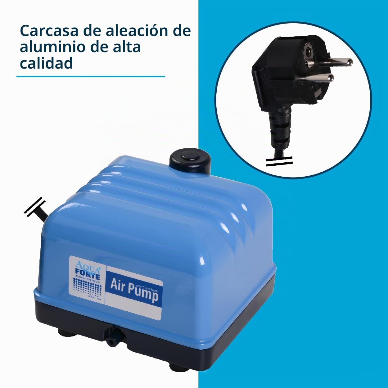AquaForte Bomba de aire AquaForte Hi-Flow V-30, Carcasa de aluminio, Silenciosa y potente, Potencia 25 vatios, Capacidad a 2 metros 7 litros por minuto, Capacidad del estanque 18 m3, No regulable
