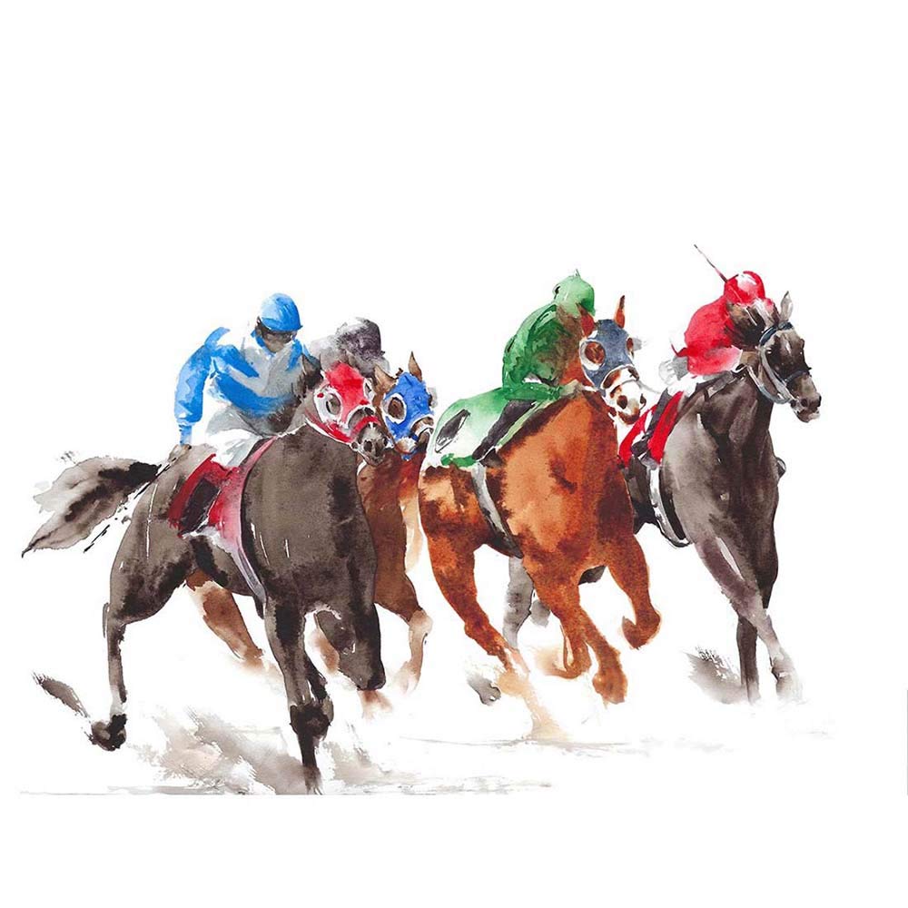 Wee Blue Coo Racing Horses On White Art Print Poster Wall Decor 12X16 Inch