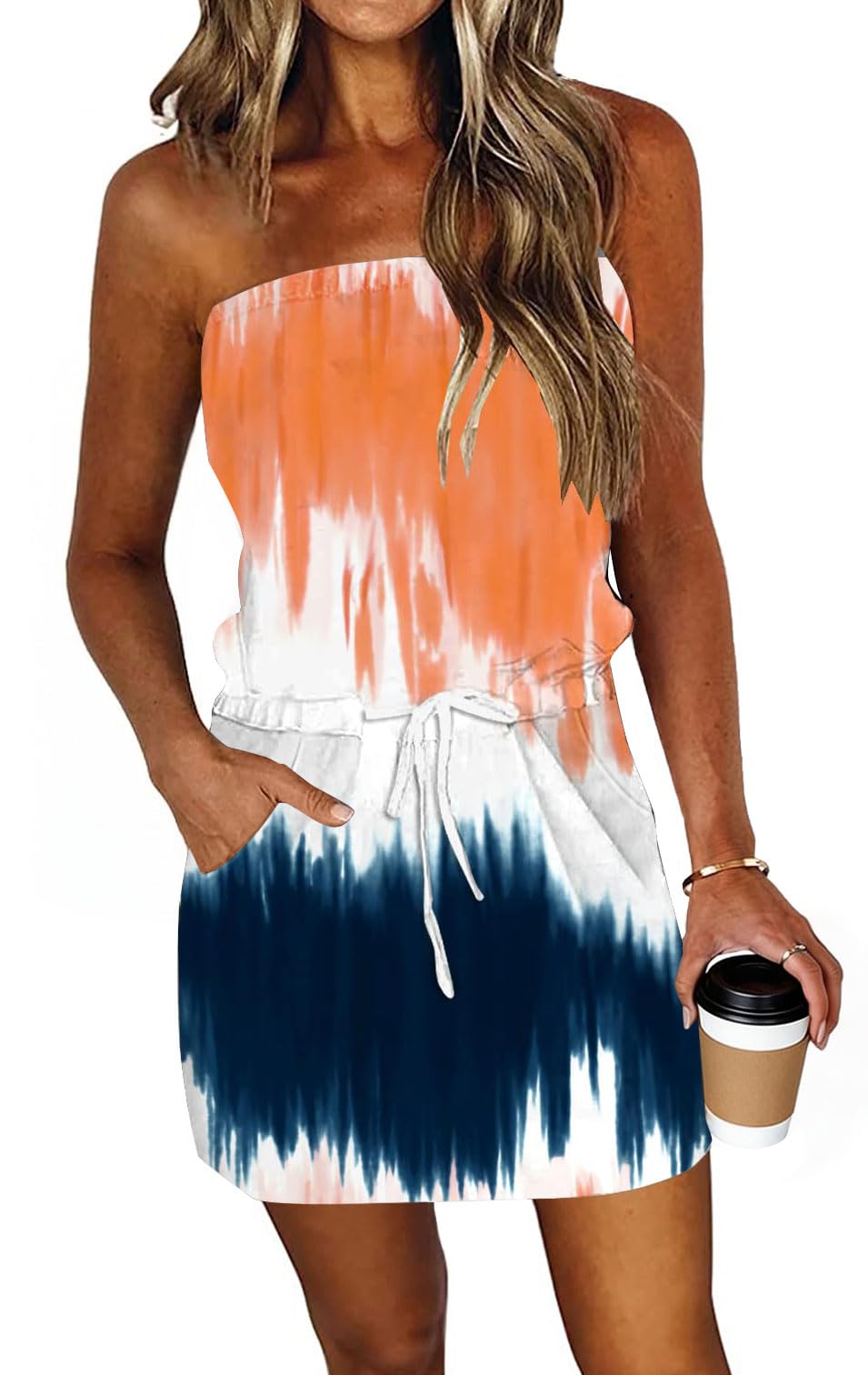 Summer Dress for Women Strapless Beach Cover Ups Boho Sundress Mini Dress Drawstring Waist with Pockets