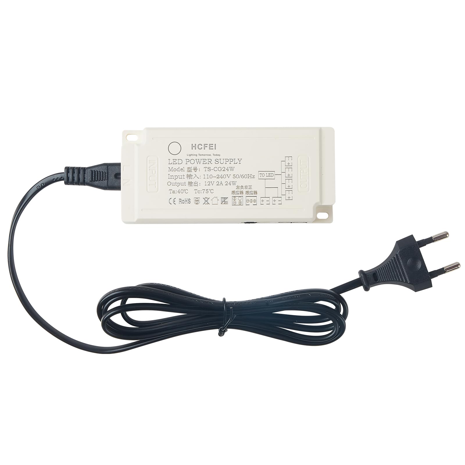 HCFEI 12 V Mini-Amp, LED Transformer Power Supply, Euro Plug, 6-Way Splitter, 3 and 4 Digit Inductive Connection, 3 x 2 m Cable (12 V 24 W)
