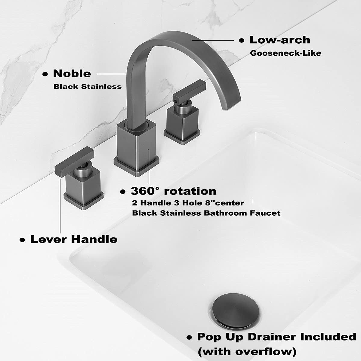 Best Review WorbWay Bathroom Faucet Black Stainless,2 Lever Handle 8 inch Widespread Bathroom Sink Faucet with Pop-Up Drain