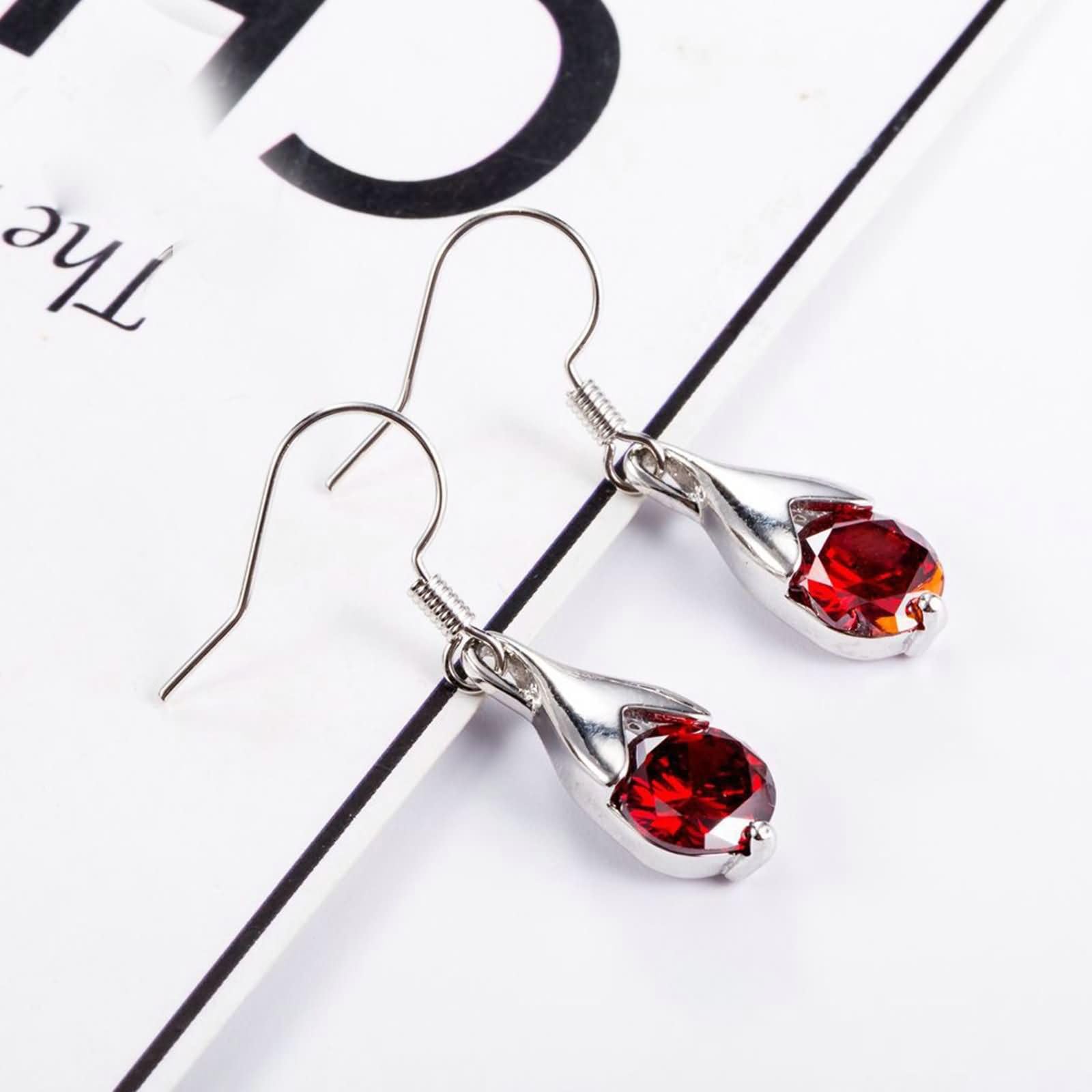 Pendientes de Oro Blanco para Mujer 9K / 14K / 18K, Gota de Agua con Rubí Creado, Colgantes Pendientes de Mujer Plata Rojo