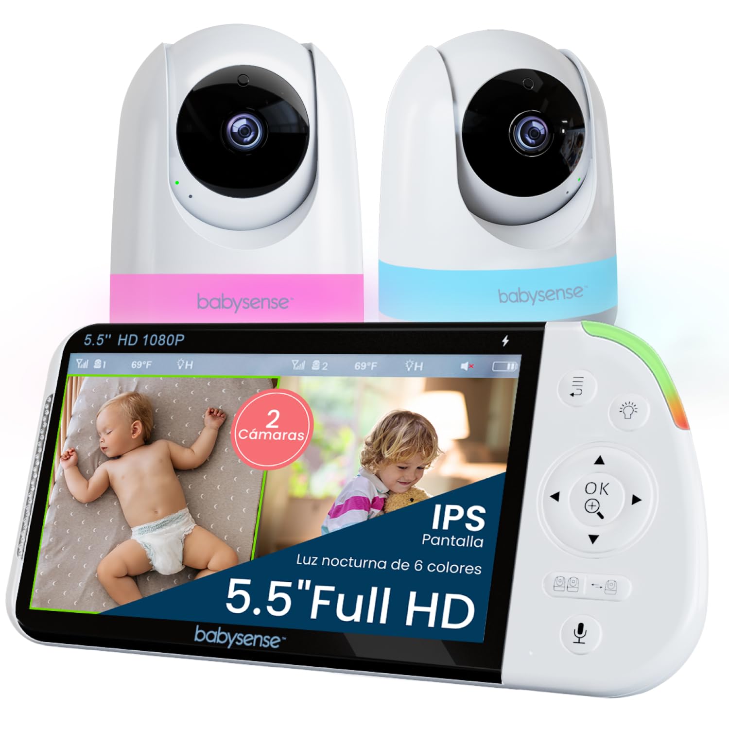 Babysense Full HD Split Screen Video Surveillance with 2 Cameras, 6 Colors Night Light, Sound and Light Detector, 20 Hours Battery, Secure Connection No WLAN Required