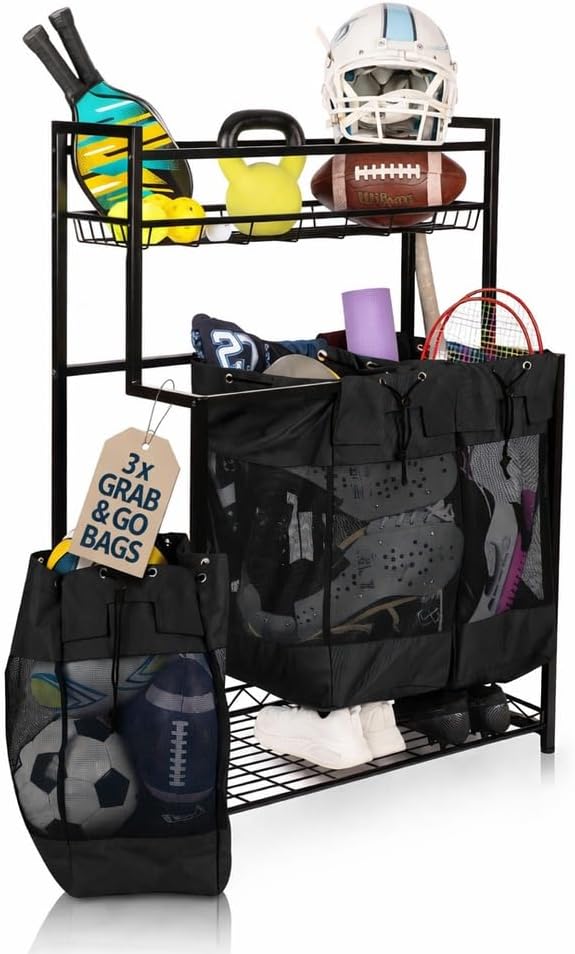 Garage Sports Equipment Organizer - Vertical Ball Storage Rack with 3 Heavy Duty Bags (black) - Metal Frame Organizer for Balls and Outdoor Gear. Home Gym Storage Organizer. Yoga Workout Organizer.