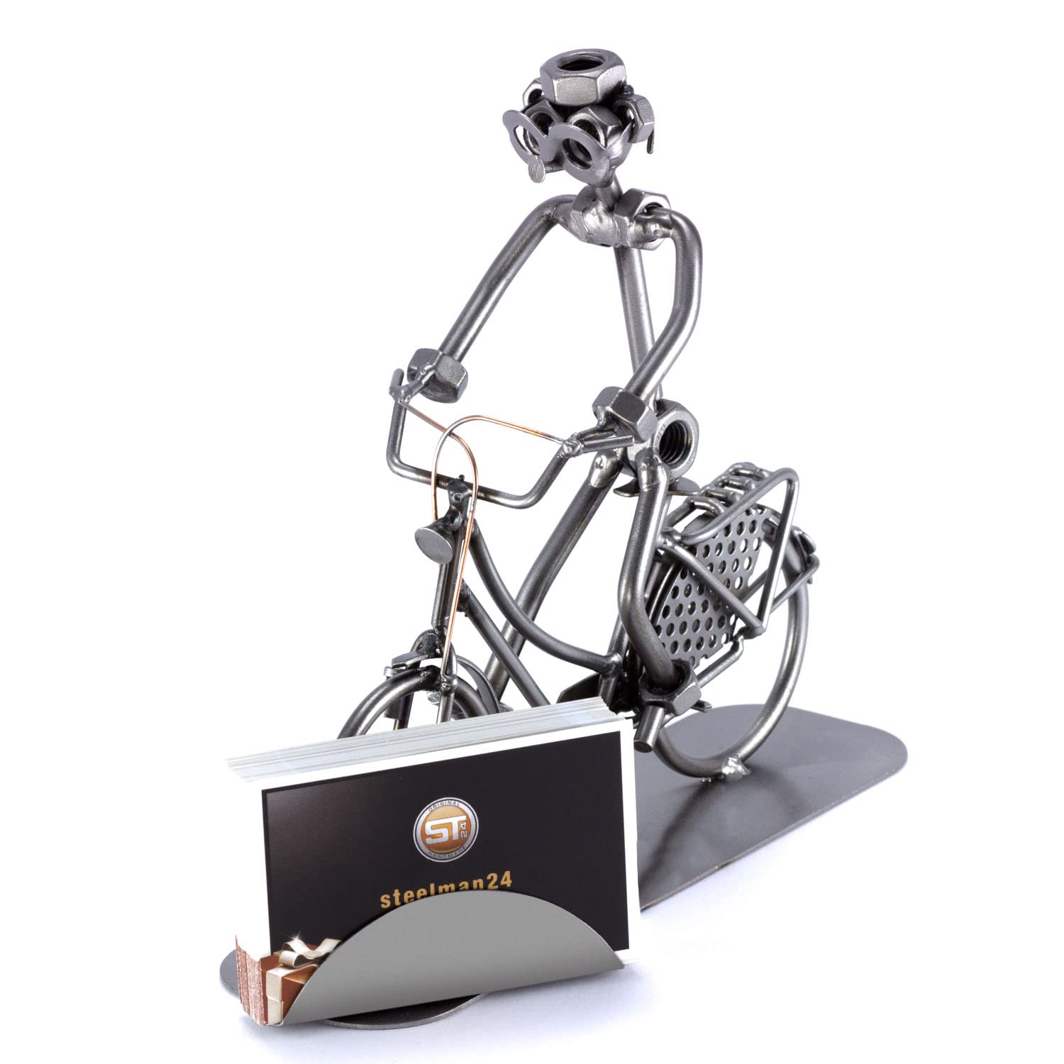 Steelman24 I Schraubenmännchen Hollandrad Mit Mann Mit Visitenkarten-Halter I Made in Germany I Handarbeit I Geschenkidee I Stahlfigur I 