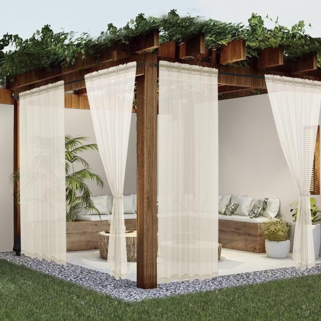 youleyar Sheer Outdoor Curtains for Patio Waterproof 4 Panels Linen Look Rod Pocket Indoor Ivory Voile Curtain for Living Room, Bedroom, Porch,