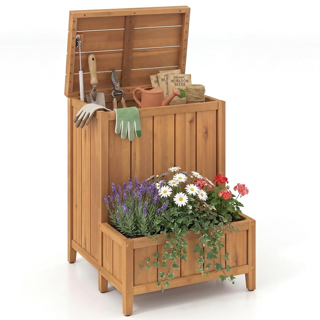GOPLUS Arcón Exterior con Macetero, Caja de Madera de Acacia con Jardinera, Tapa con Pistón de Gas y Patas Elevadas, Baúl de Almacenaje para Porche, Jardín y Entrada, 57 x 52,5 x 70 cm