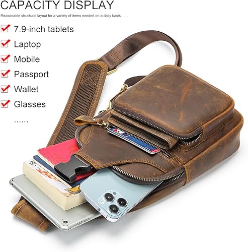 Miniatura 4 de NIUCUNZH Bolso bandolera de cuero genuino con cierre de metal frontal, hecho a mano, estilo vintage, mochila de hombro para mujeres y hombres, Crazy