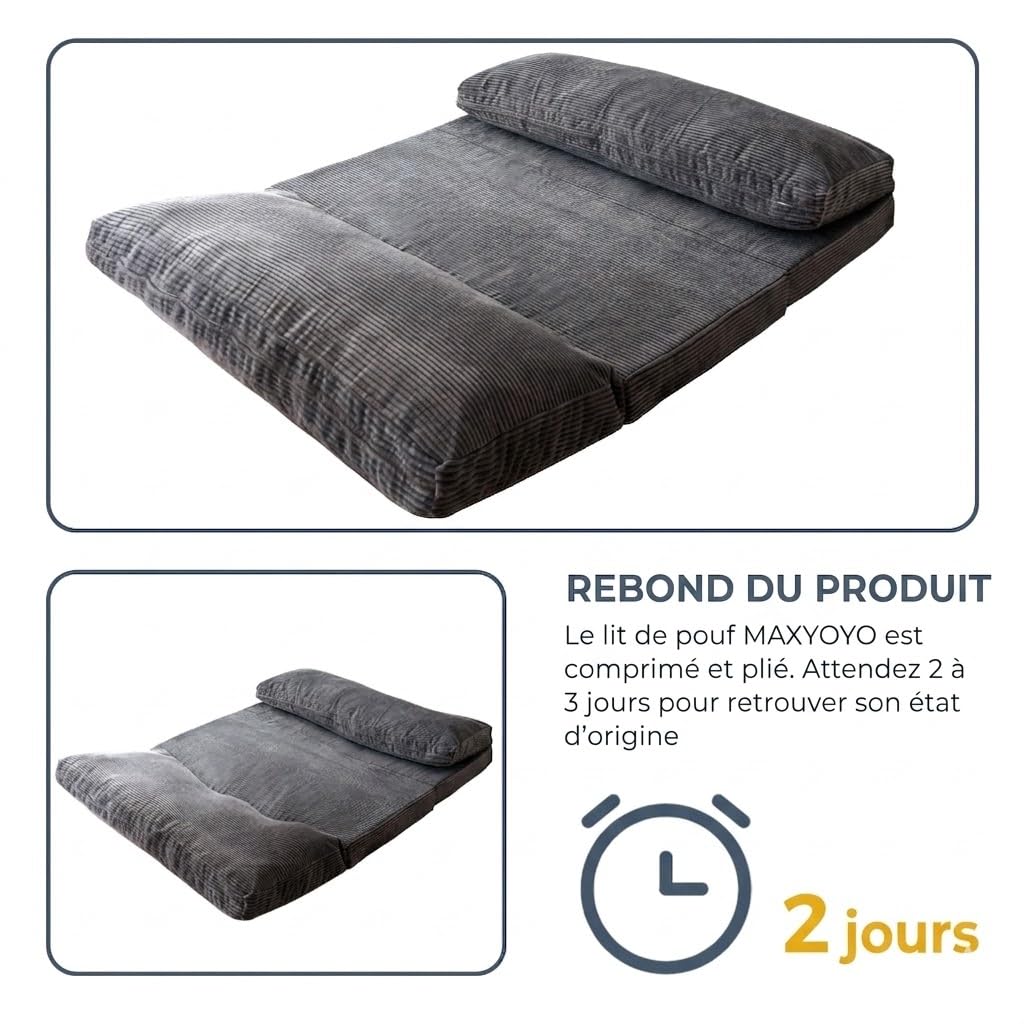 MAXYOYO Pouf pliable en velours côtelé avec rembourrage en mousse, extra épais, 4 couches, matelas/canapé de sol pour adultes, housse amovible et lavable en machine, anthracite, 135 x 240 cm