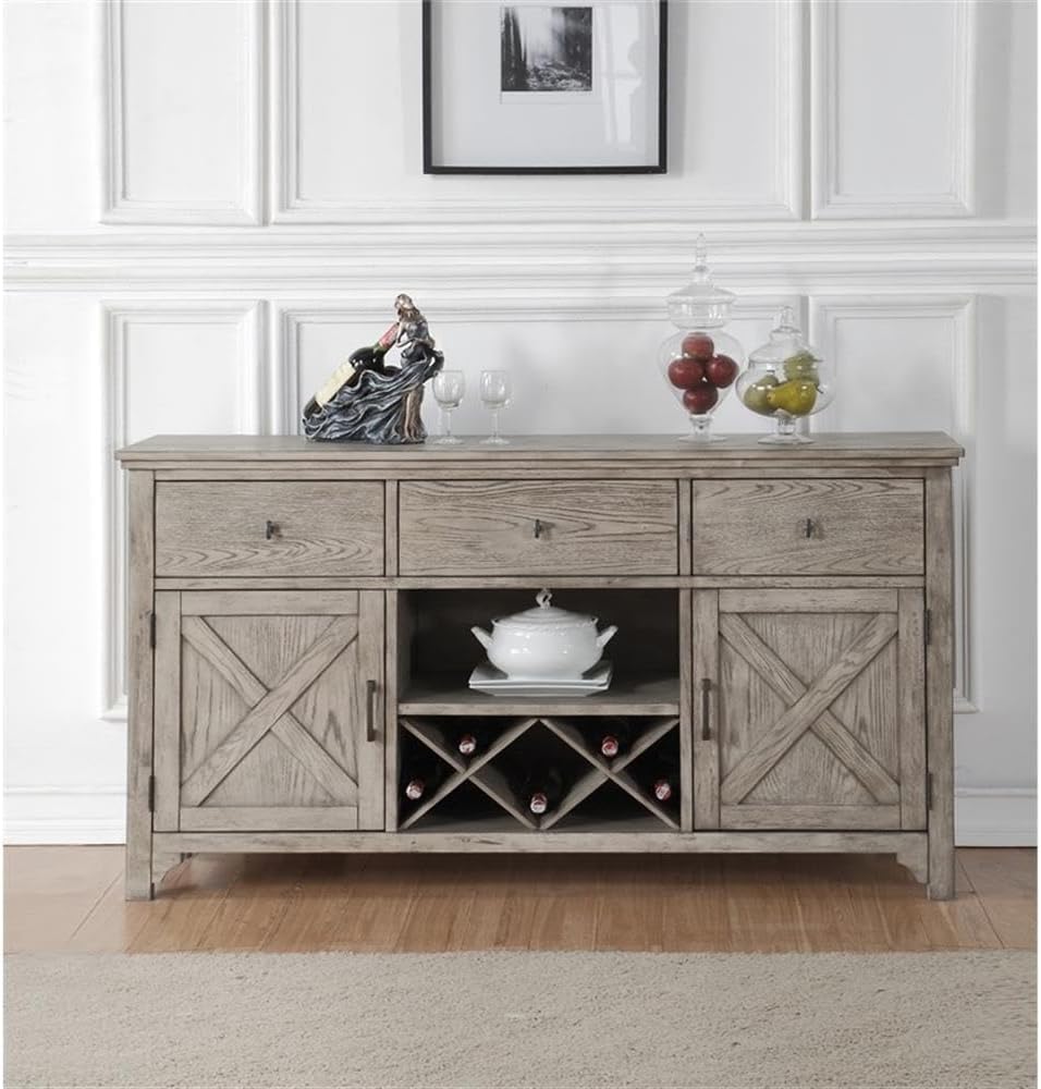 Acme Rocky 3-Drawer Wood Server with Wine Rack in Gray Oak