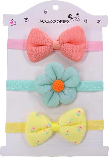SYGA 3 Pcs Baby Headband Set for Girls 0-3 Years – Soft Elastic Bow &amp; Flower Hairbands | Stretchable Newborn Infant | Comf...