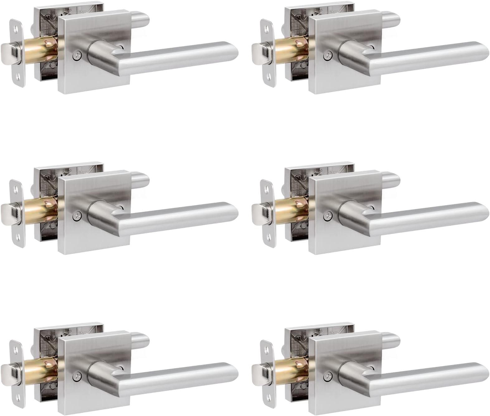 HOSOM 6 Pack Interior Door Levers Passage Door Handles Heavy Duty No Locking Door Handle Set for Hallway, Closet Doors, Satin Nickel Finished with Square Plate