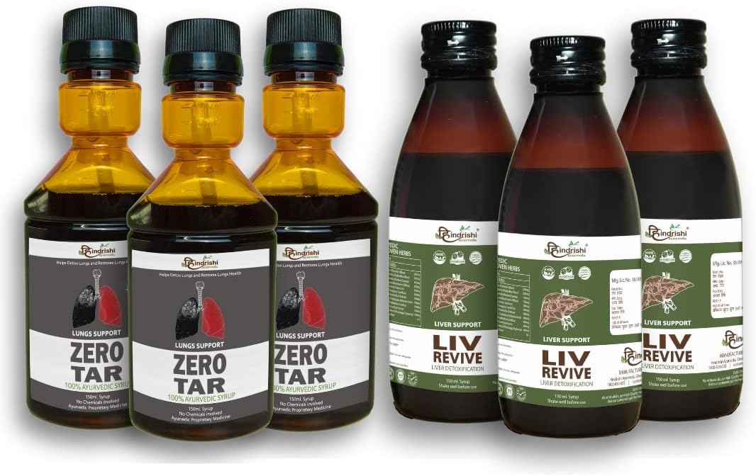 Zero Tar & Liv Revive Syrup, Lungs and Liver Detox - Removes Tar from Lungs and Liver Due to Air Pollution & Smoke, Liver Detox for Fatty Liver, Indigestion and for Healthy Liver Function, A Complete Liver and Lungs Detox Supplement (3 Zero Tar + 3 Liv Revive)