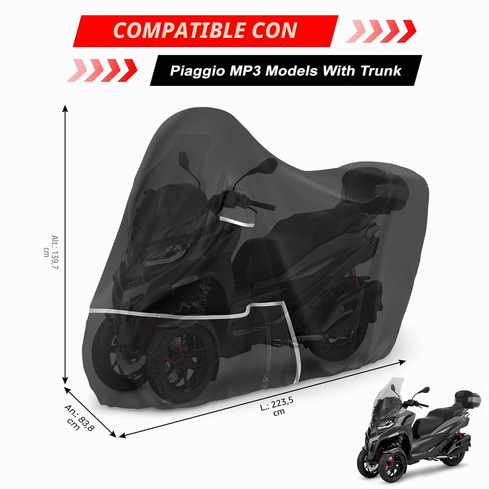 Funda para Moto para Piaggio MP3 400/500 (con Maletero) | Tela Oxford 420D Funda Moto Exterior Impermeable Funda Scooter 400 500, Negro