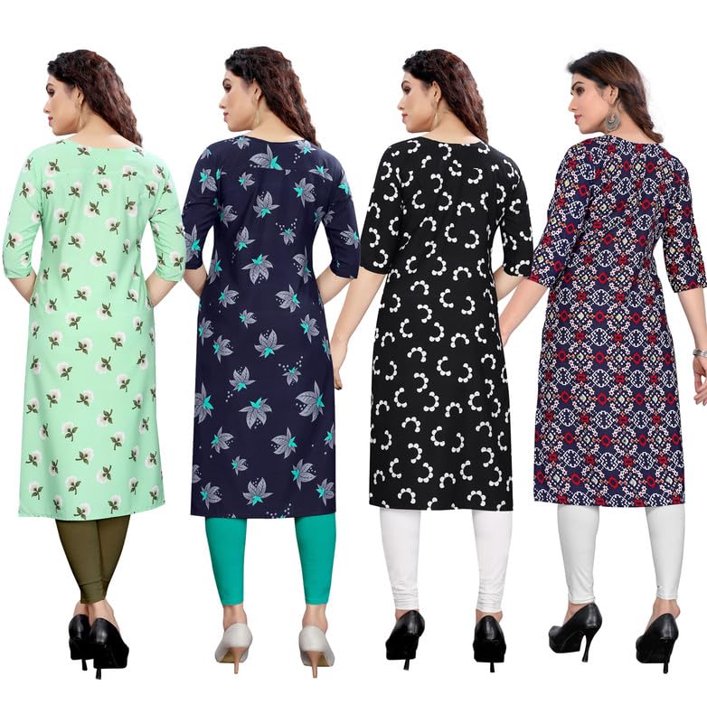Image of JAKHANA Women's Crepe Printed Casual Straight Calf Length Round Nick Kurta Pack of 4