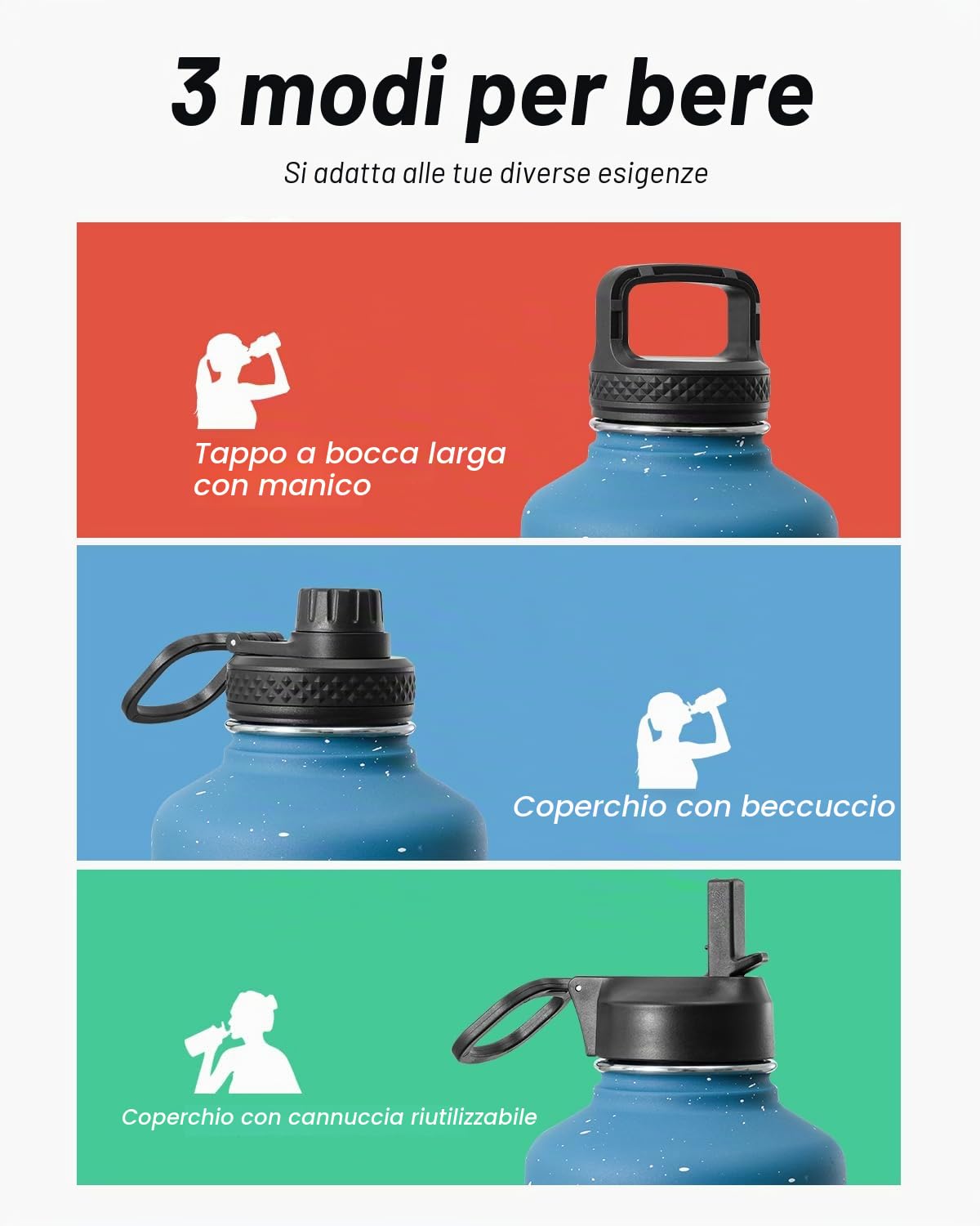 Coolflask Borraccia termica da 1,9 l, con cannuccia e 3 coperchi, brocca per l'acqua da 900 ml, in acciaio inox, per palestra, sport e viaggi, mantiene il freddo fino a 48 ore e caldo per 24 ore