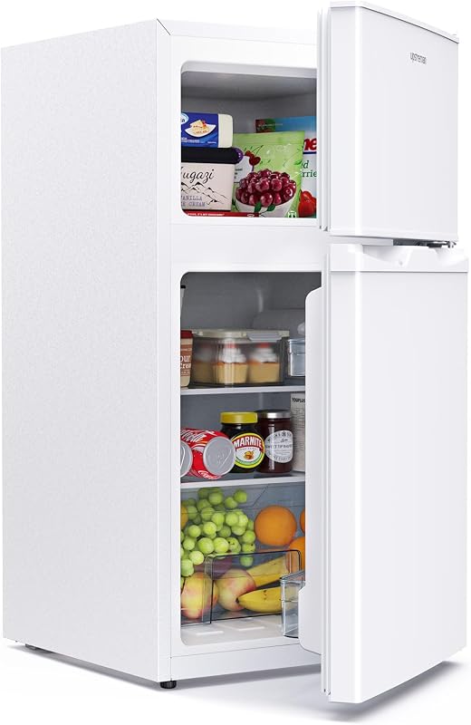 Upstreman 84L Under Counter Fridge Freezer, Small Refrigerator with Freezer, 39dB Quiet & LED Lighting, Freestanding Fridge with Reversible Doors, TM84 White