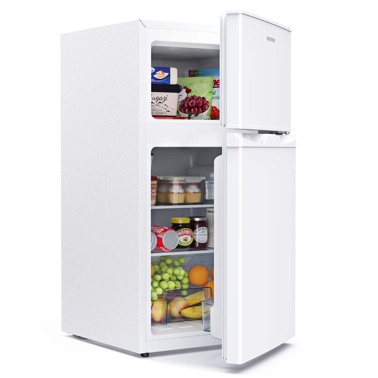 Upstreman 84L Under Counter Fridge Freezer, Small Refrigerator with Freezer, 39dB Quiet & LED Lighting, Freestanding Fridge with Reversible Doors, TM84 White