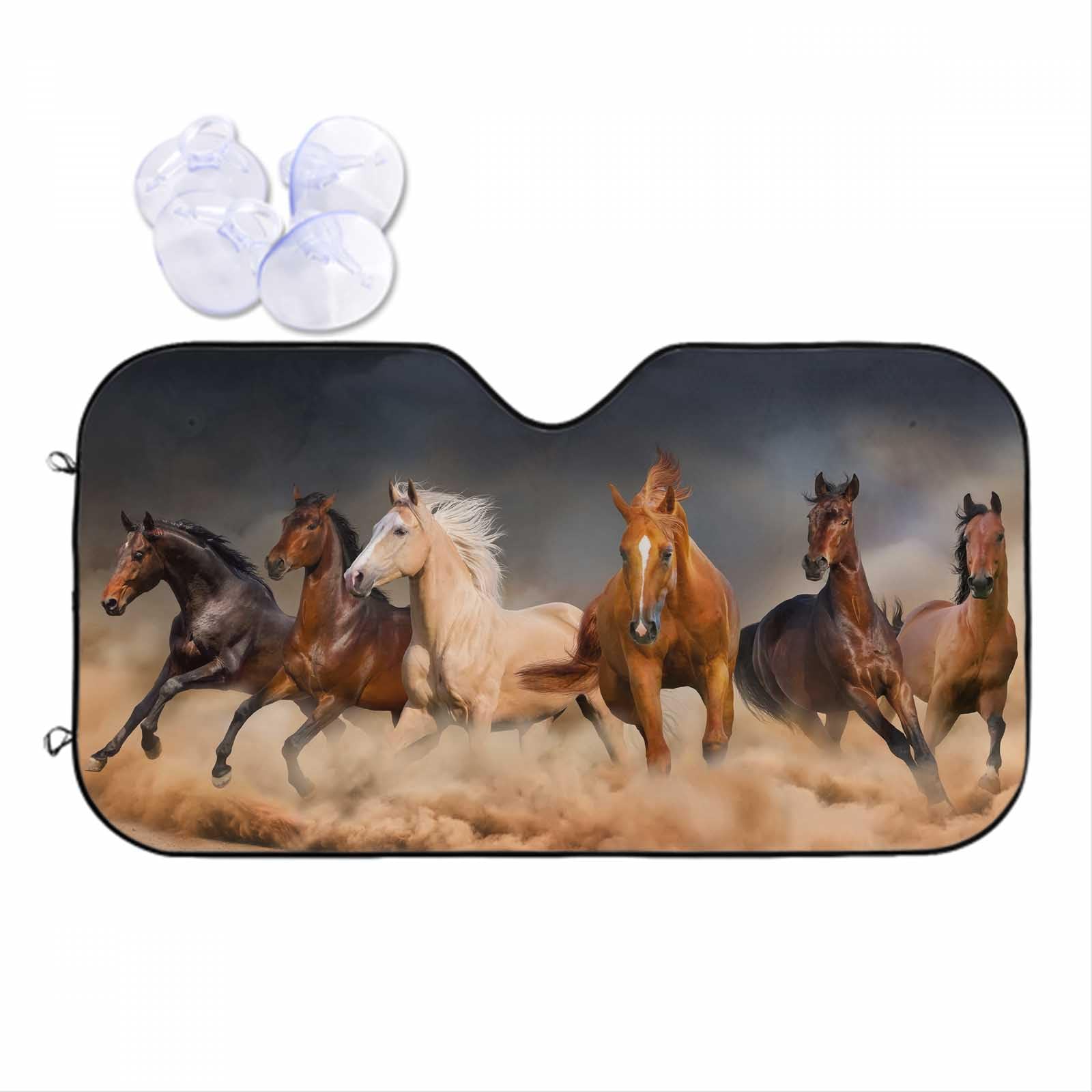 oFloral Horse Front Windshield Sun Shade Horse Herd Run in Desert Sand Storm Accordion Folding Auto Sunshade for Car Truck SUV-Blocks UV Rays Sun Visor Protector