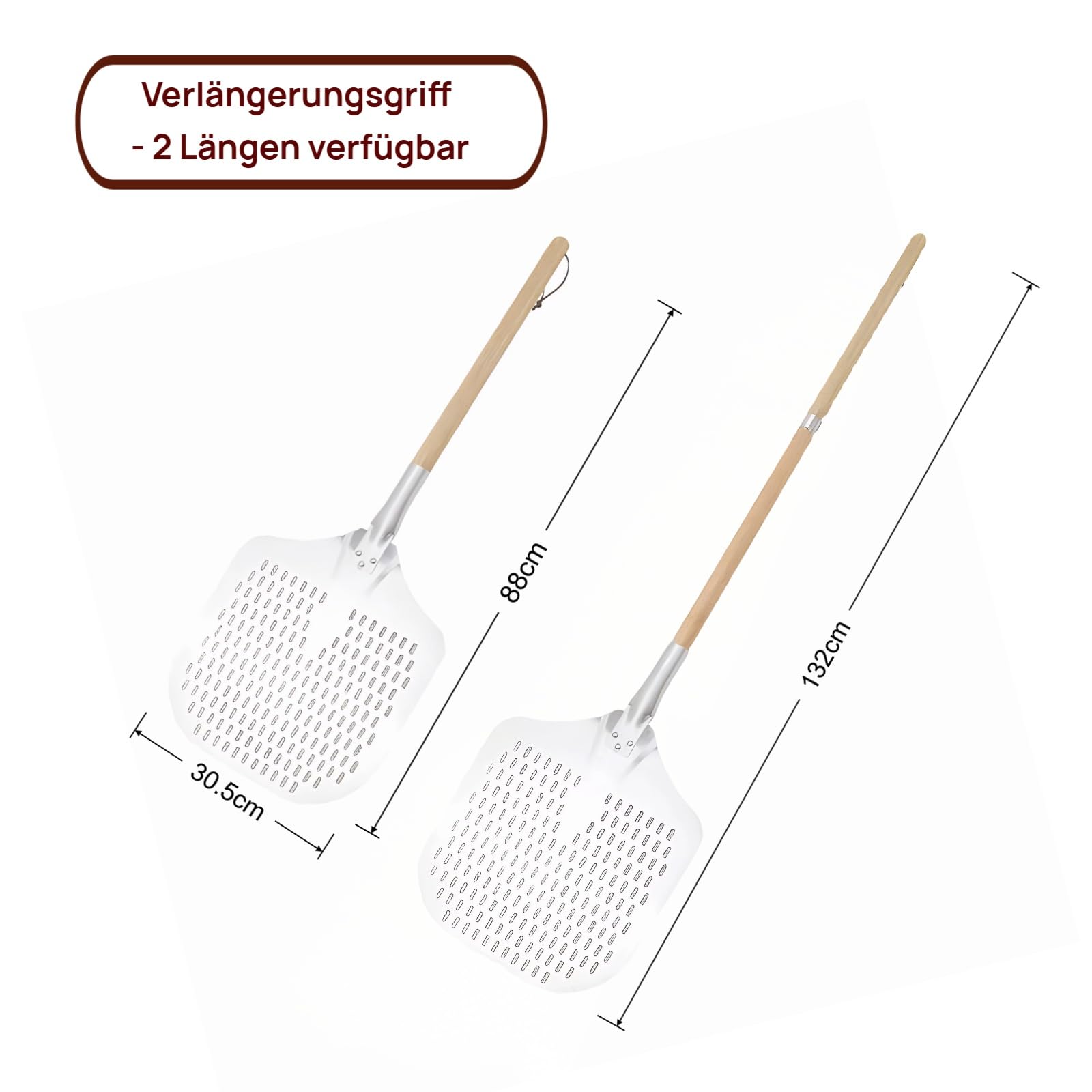 Pizzaschieber，Hochwertig Perforierter Pizzawender， 35x30cm Aluminium Pizzaschaufel mit 88cm Super lang Abnehmbarem Eichengriff für Pizzastein, Backofen & Gasgrill