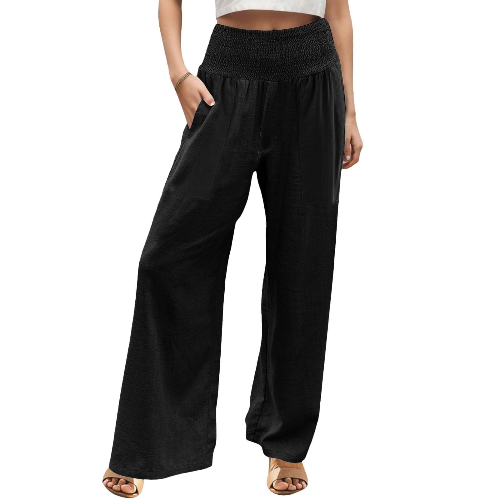 Wide Leg Pants for Women Summer Cotton Linen Elastic Waist Smocked Flowy Pull On Pants Travel Casual Trendy Spring Loose Comfortable Dance Studio Trousers with Pockets Plus Size Clothes Black