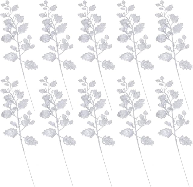 TOYANDONA Christmas Leaf Picks, Glitter Leaf Stems Faux Leaves Branches DIY Bouquet Stem Picks for Christmas Tree Ornaments, DIY Xmas Wreath, Crafts, Holiday Home Decor, 10 Pieces, Silver