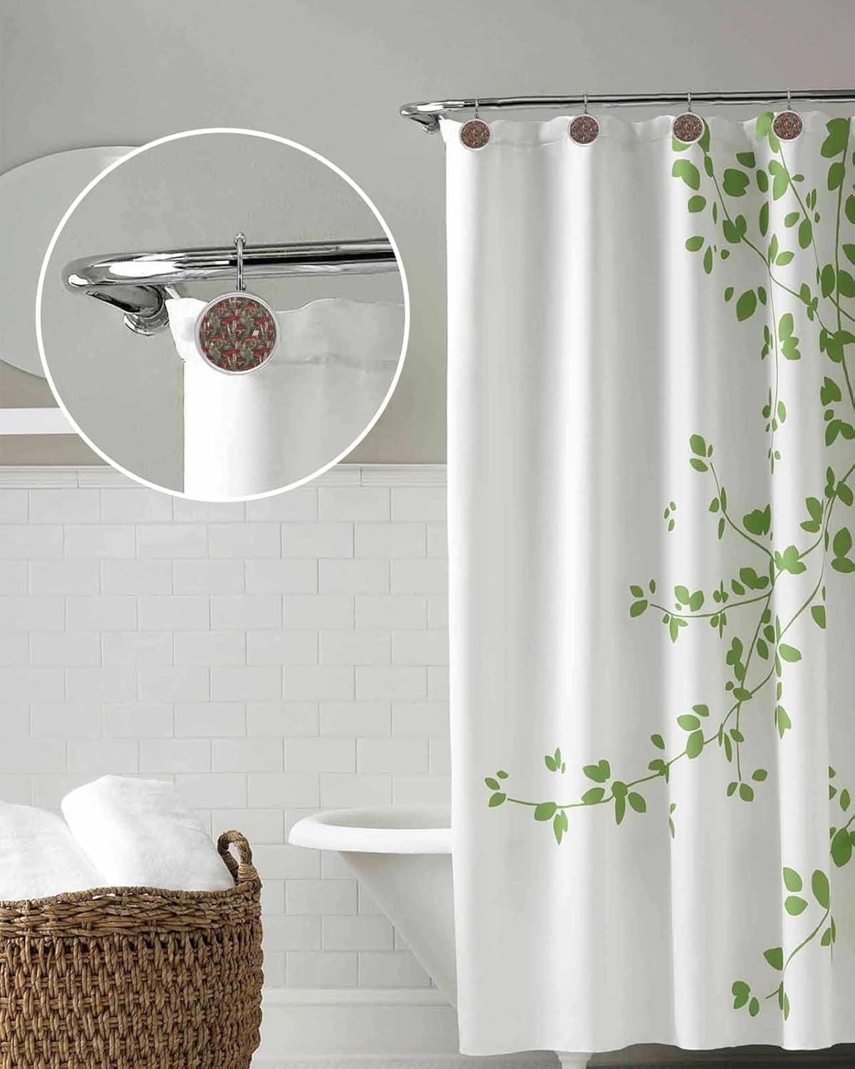Shower Curtain Hooks Set of 12 Dot Red Mushroom Fern Plants Crystal Glass Shower Curtain Rings for Bathroom Decorative Stainless Steel Rust Proof Roller Shower Curtain Hangers
