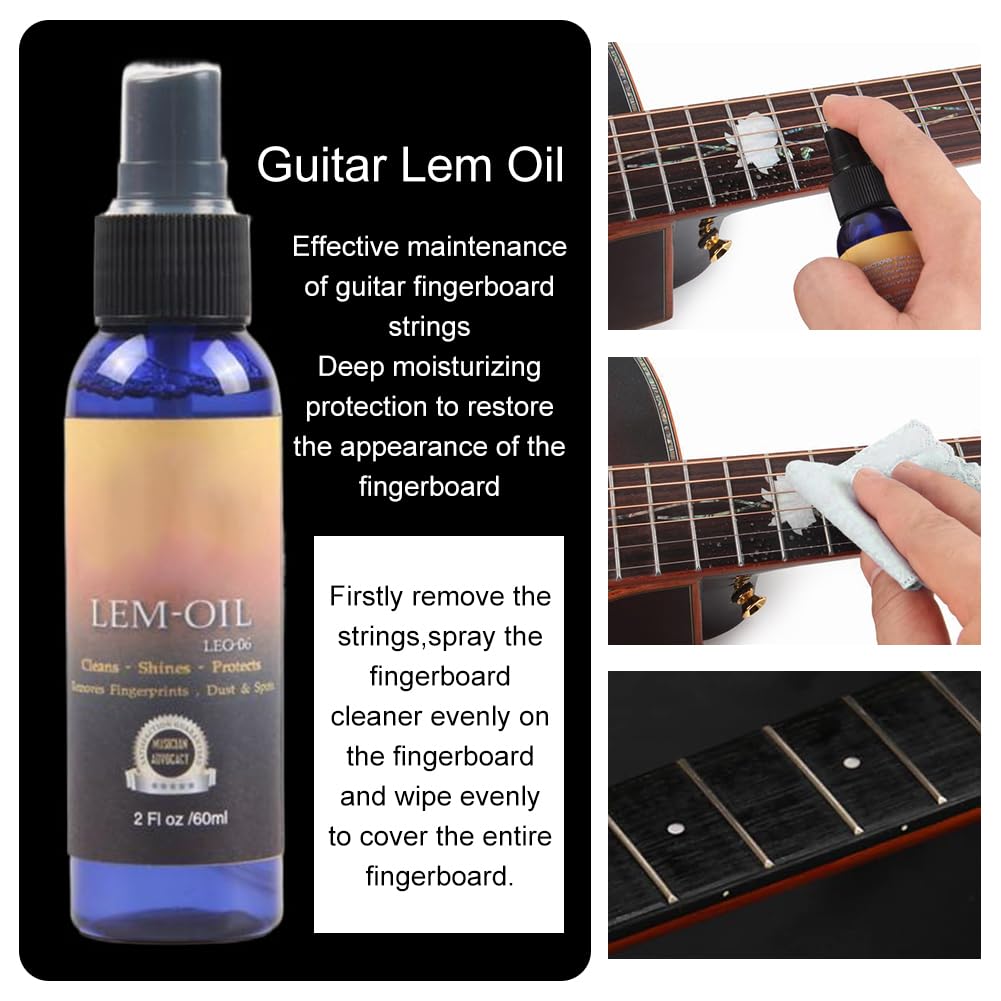 Czyszczenie gitary, Zestaw do czyszczenia gitary, Zestaw do pielęgnacji gitary, Guitar Cleaning Set, z politurą do gitary, olejem cytrynowym do podstrunnicy, olejem do czyszczenia strun, ściereczką do