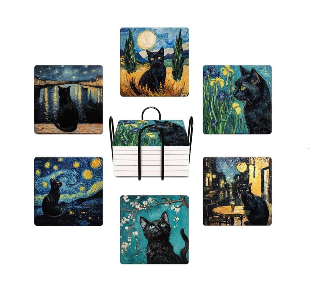 WWOOPLL Drink Coasters Set of 6, Van Gogh Art and Black Cat Absorbent Square Ceramic Stone Mat Coaster, with Cork Base and Metal Holder, Anti-Slip Cork Bottom for Mugs and Glasses