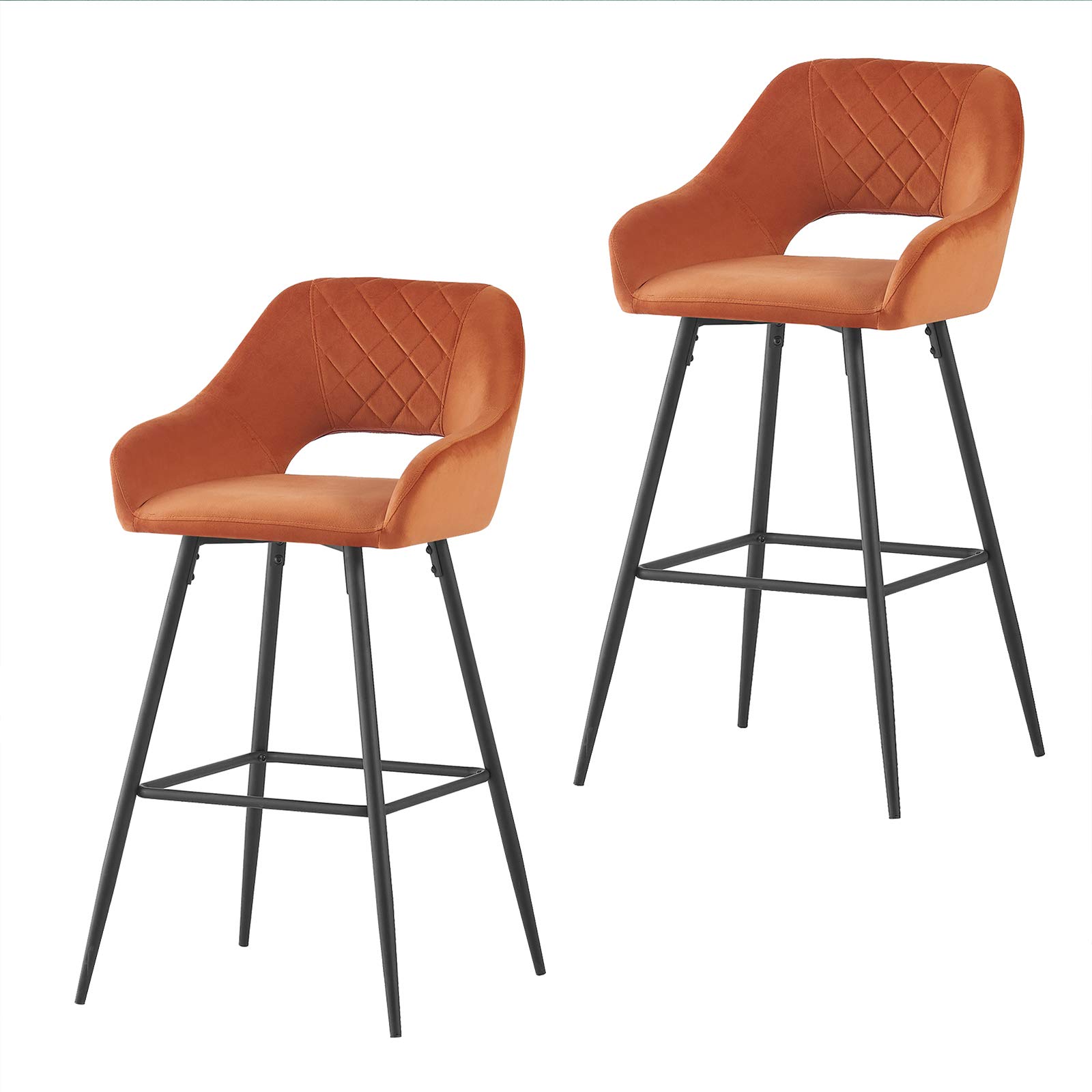 Bar Stools Set of 2 Orange Velvet Padded Bar Chairs with