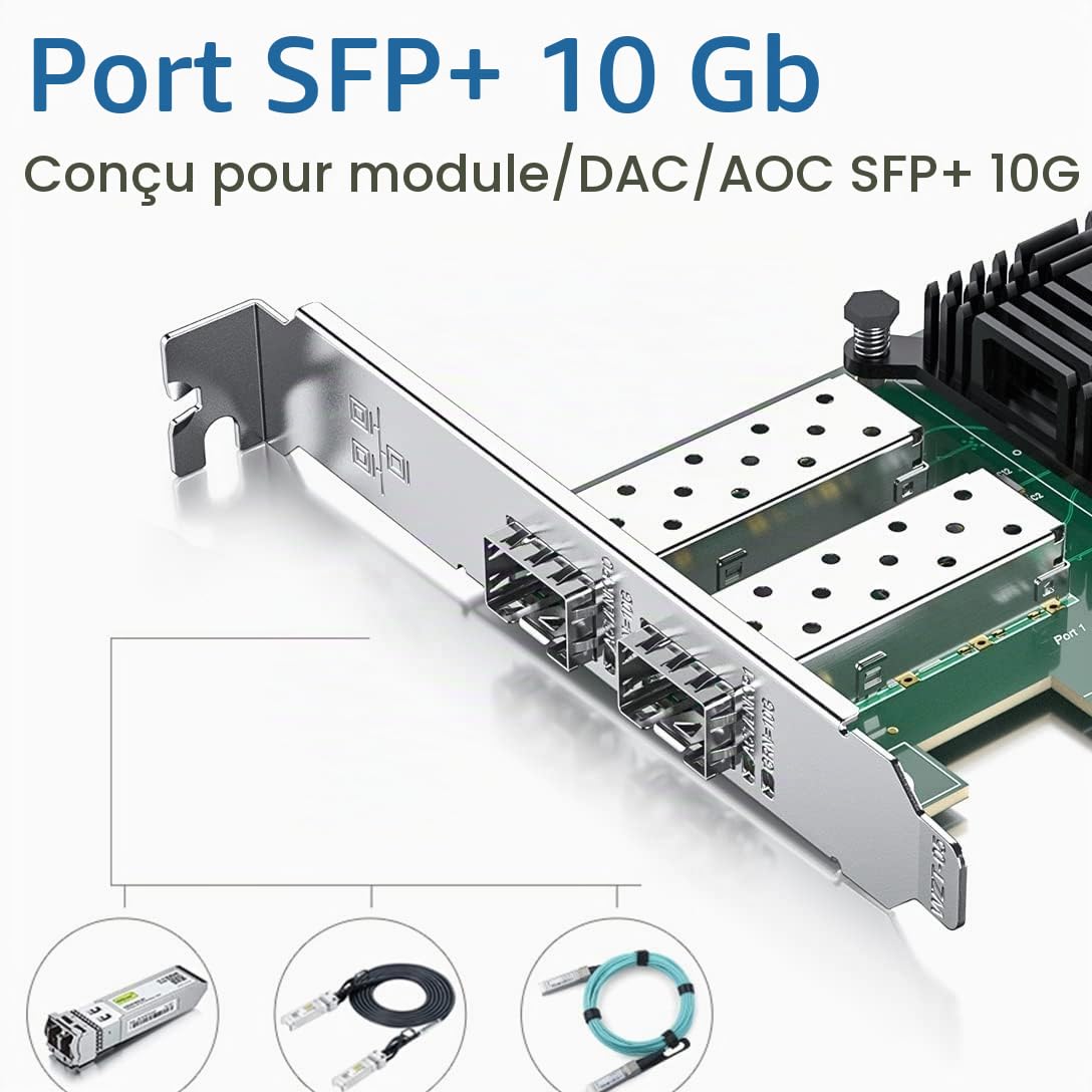 H!Fiber.com Carte réseau Ethernet 10G, 2 Ports SFP+ NIC, 10GbE CNA, Spec équivalent à X520-DA2, avec contrôleur Intel 82599ES, supportant Windows Server/Linux/VMware (Pas de Support Mac)