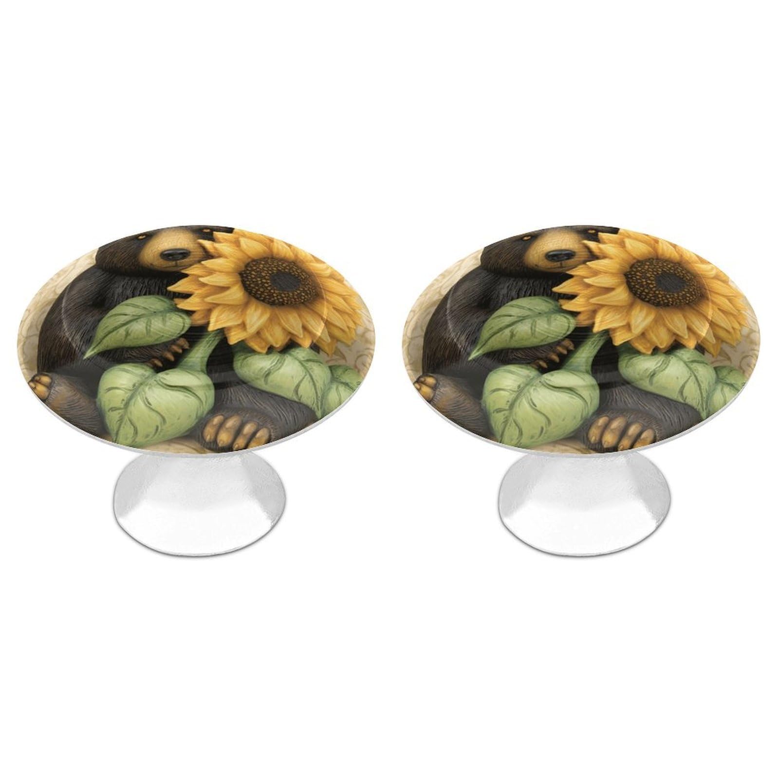 QMNLKH Sunflower and Bear Cabinet Knobs for Home, Round Drawer Pulls for Kitchen, Personalized Cupboard Handles with Screw, Fashion Dresser Knobs for Office, Drawer Handles, 2 Packs