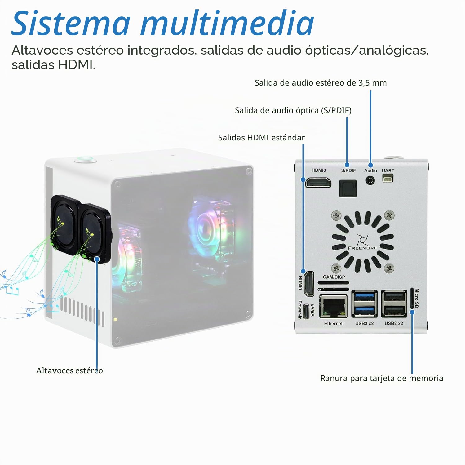 Freenove Mini Case for Raspberry Pi 5 (Not Included), Dual M.2 NVMe SSD Slots, PWM ARGB Fans Light Sync, CPU Tower Cooler, Built-in Stereo Speakers, 3.5 mm and Optical Audio (S/PDIF) Outputs