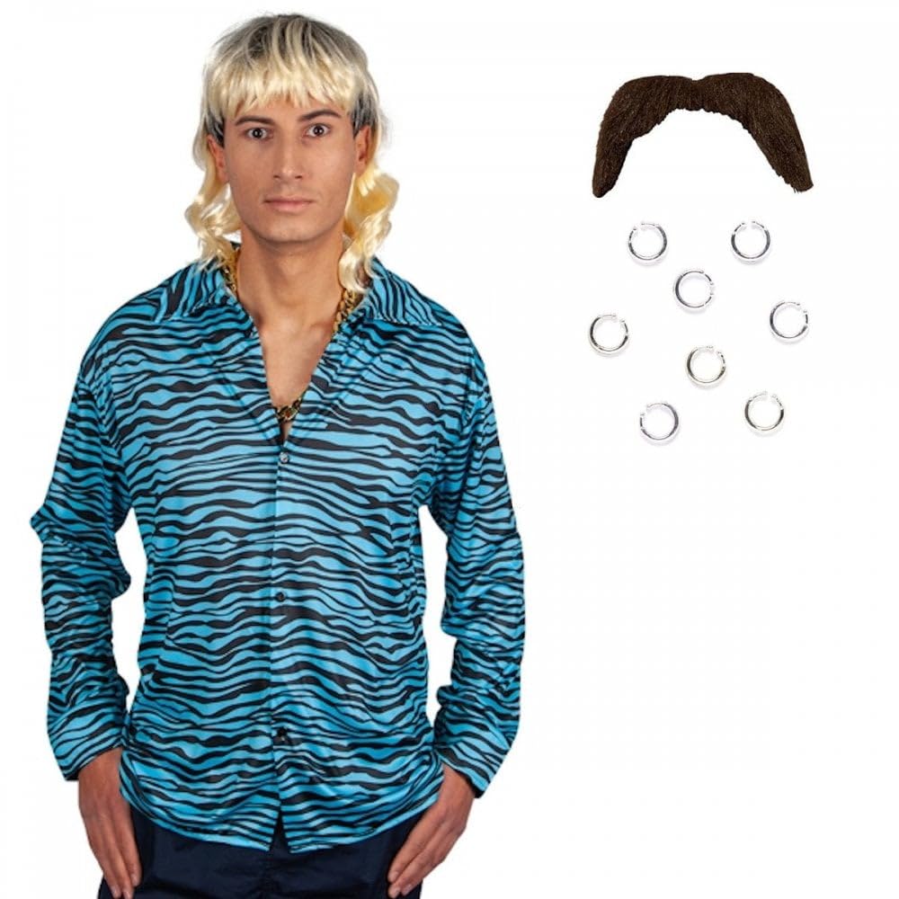 A2ZFD Adult Mens Tiger King Joe Exotic Shirt + Mullet Wig + Moustache + Clip-on Piercings : Animal Zoo Halloween Fancy Dress (L (44'')), Multicolor