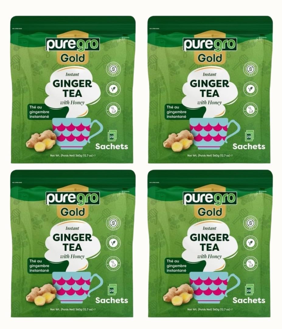 Puregro Gold Instant Ginger Tea with Honey 360g (20 Sachets) | PACK OF 4 | InstantGinger Tea | Warming Beverage, Soothing & Refreshing | Natural Ginger & Sweet Honey Blend | Easy to Prepare.