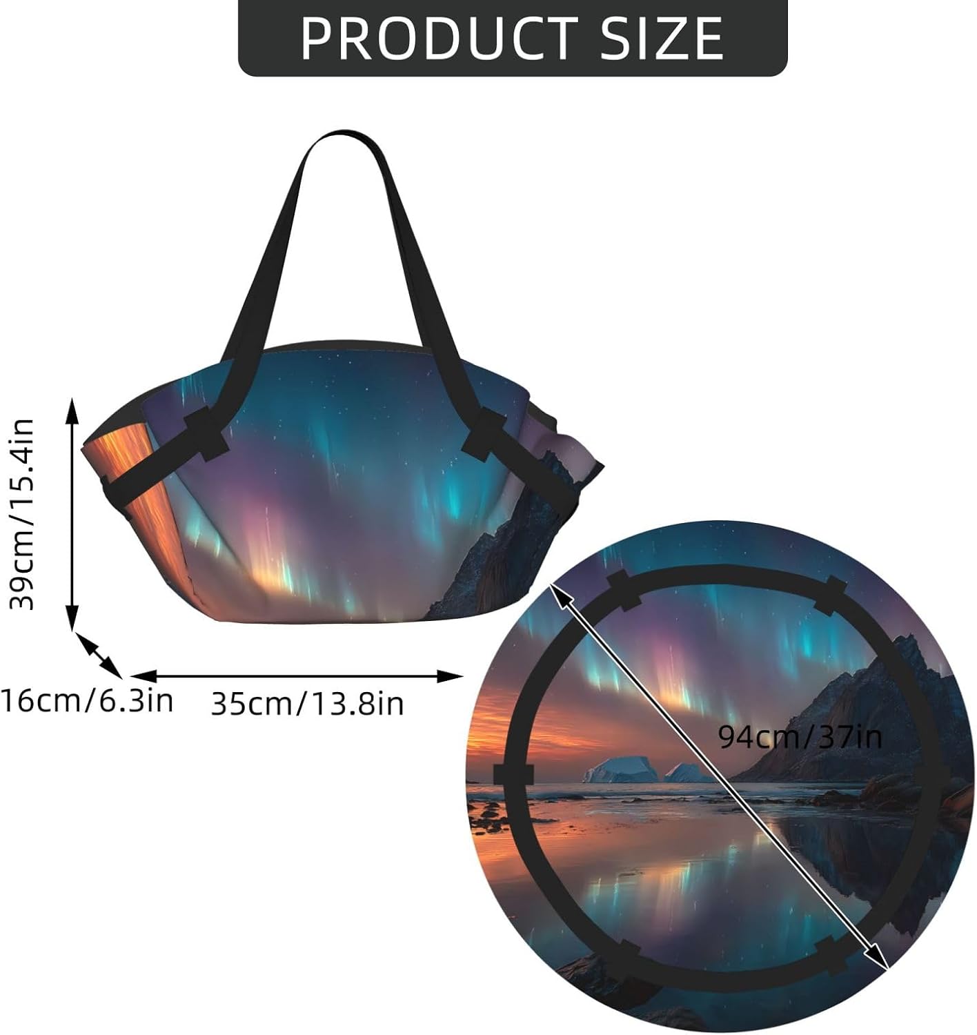 Foldable Camping Bag for Outdoor Picnic Beach Use Comfortable Light with Unique Exquisite Snow Mountain Aurora Print