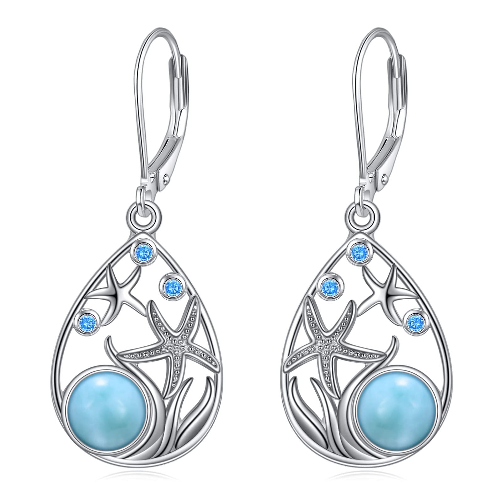 CRMADBeach Larimar Earrings for Women Sterling Silver Starfish/Dolphin/Turtle/Jellyfish/Mermaid Teardrop Earrings