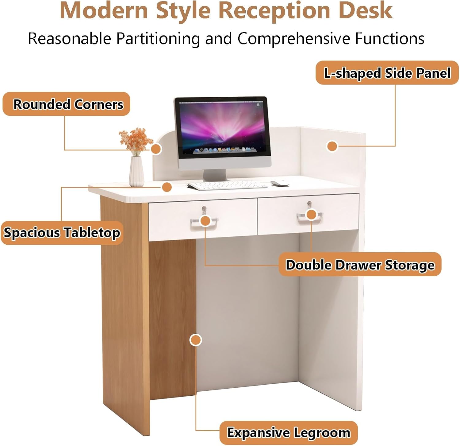Small Reception Desk with Lockable Drawer, White Retail Counter with LED Light Strip, Modern Front Desk & Checkout Counter for Salon Lobby Office Boutique