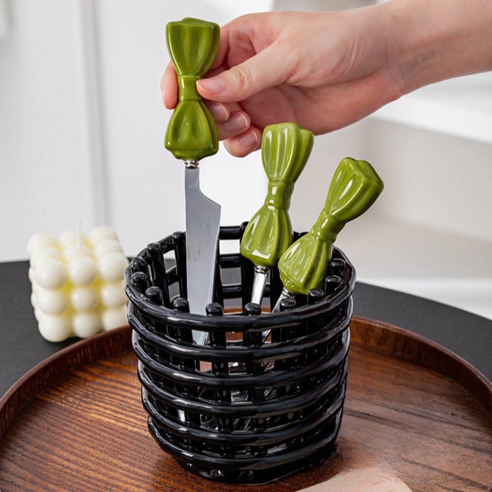 Bowknot Manico in Ceramica Cucina in Acciaio Inox Argenteria Stoviglie Posate Set Posate Bistecca Coltello Forchetta Cucchiaio Cucchiaio Cucchiaino (Nero,12 pezzi)