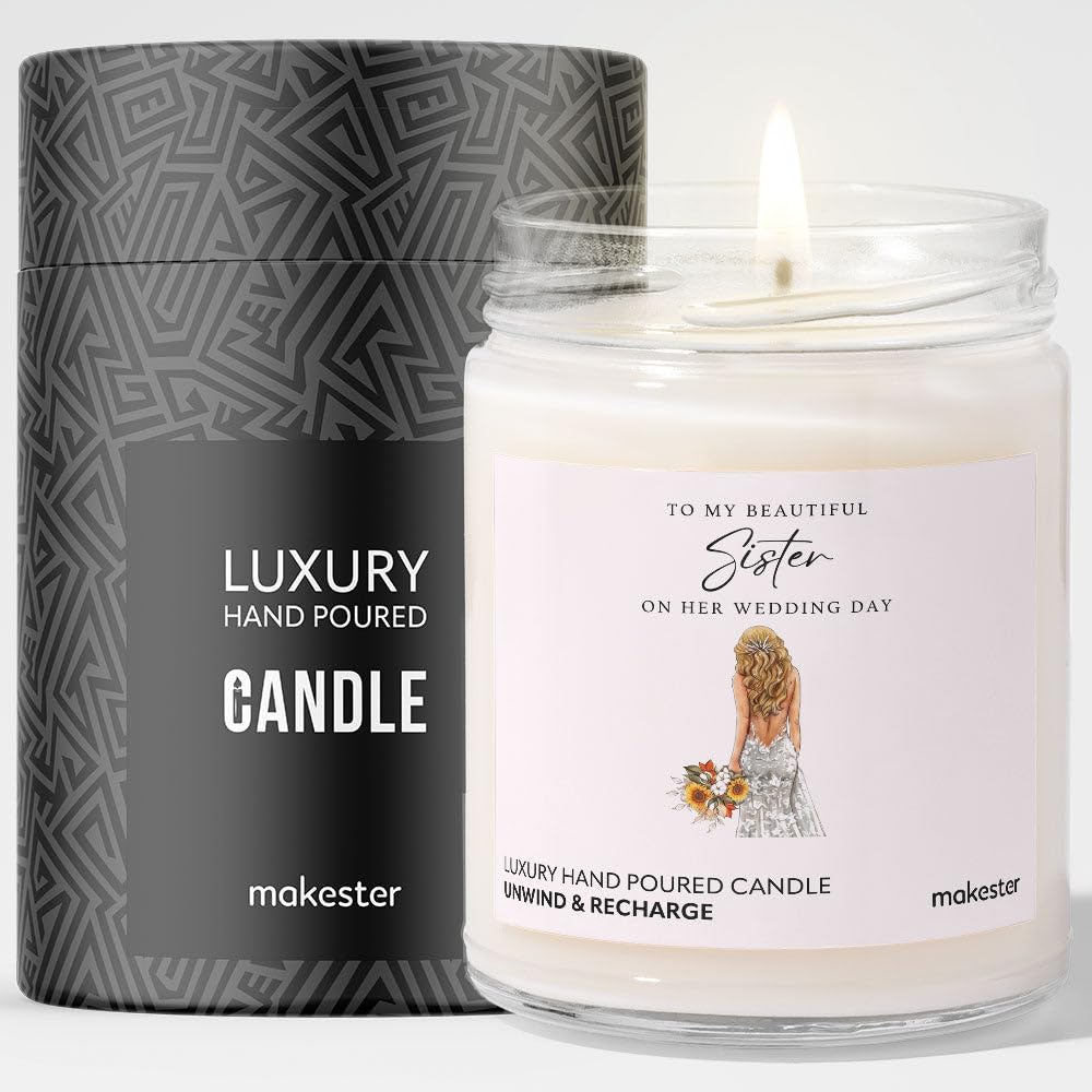 Makester White Bridal Gifts For Sister - Luxury Soy Wax Candle - Vanilla, Jasmine, Sugared Almond