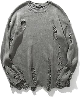 ARESU Striped Sweater Men's Washed Holed Pullover Holed Knitted Dark Sweater Men's and Women's Oversized Harajuku Sweater Couple-Gray-XXL